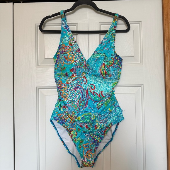 Lauren Ralph Lauren Swimsuit One-Piece Paisley Underwire Deep V Neck - Picture 2 of 10
